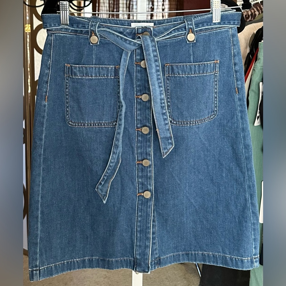 LOFT Denim Button Front Tie Waist Skirt Blue Jean A-Line Size 8